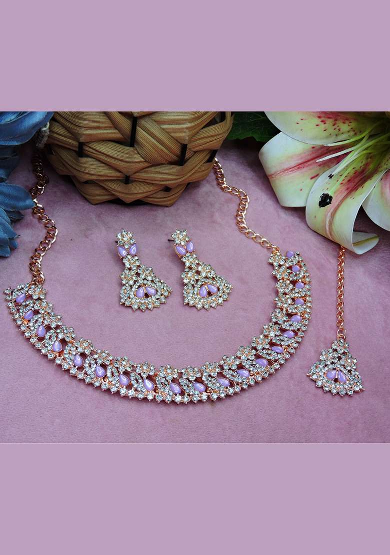Pink Alloy American Diamonds and Stone Necklace Set - Indya