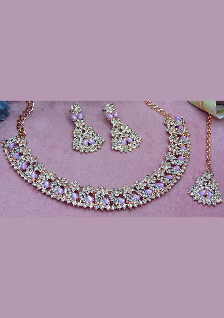 Pink Alloy American Diamonds and Stone Necklace Set - Indya