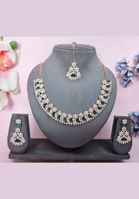 Green Alloy American Diamonds and Stone Necklace Set
