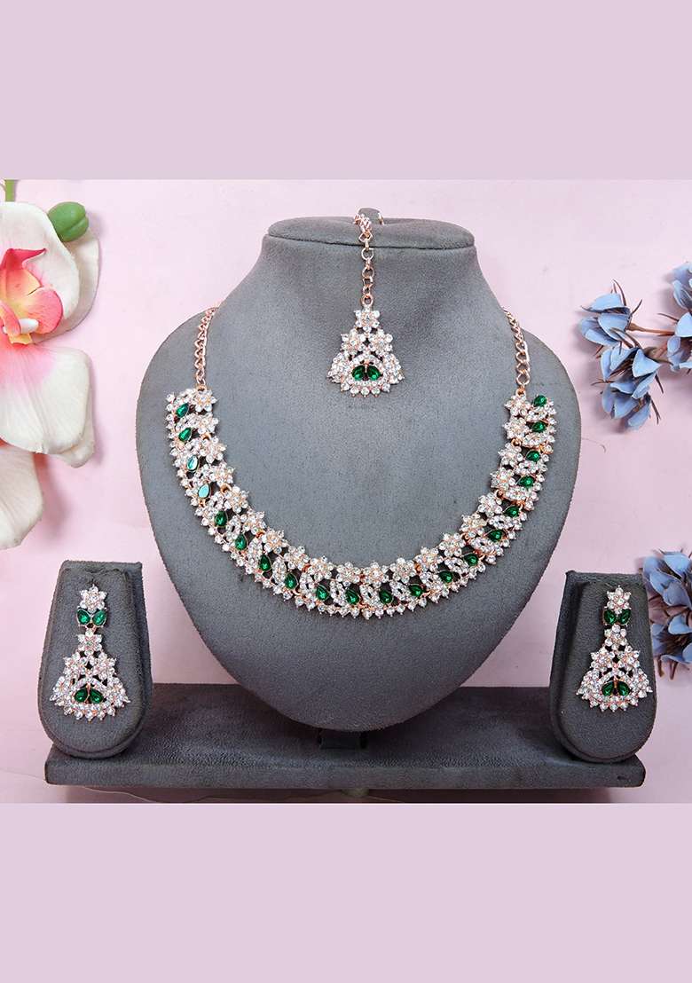 Green Alloy American Diamonds and Stone Necklace Set - Indya