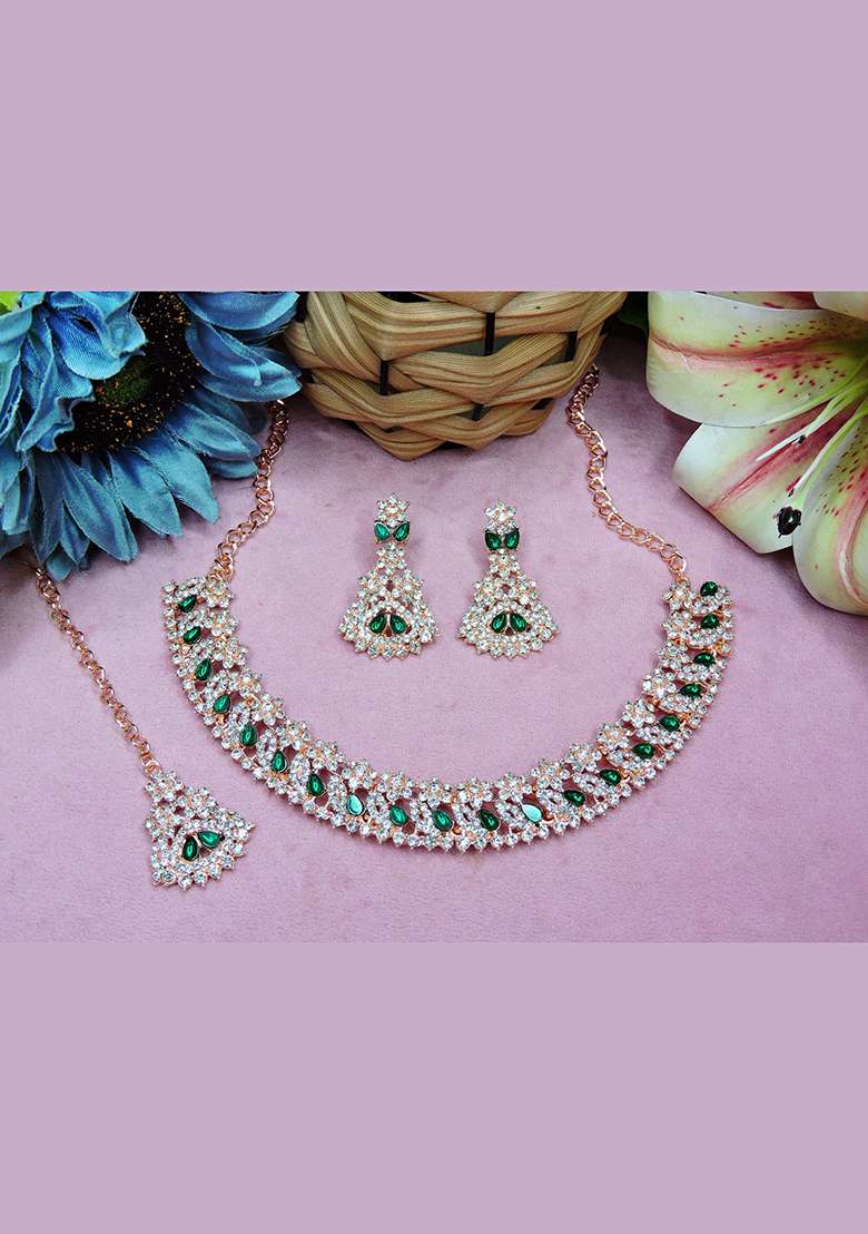 Green Alloy American Diamonds and Stone Necklace Set - Indya