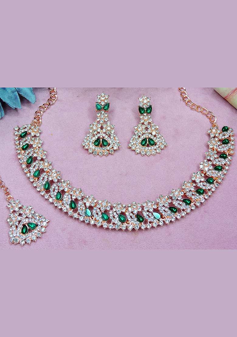 Green Alloy American Diamonds and Stone Necklace Set - Indya