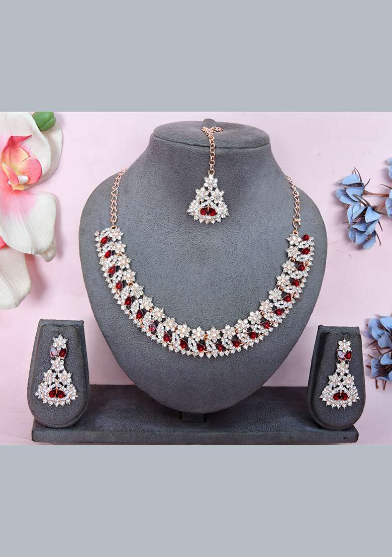 Maroon Alloy American Diamonds and Stone Necklace Set - Indya