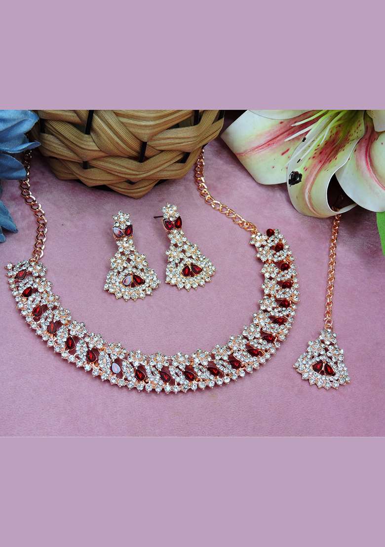 Maroon Alloy American Diamonds and Stone Necklace Set - Indya