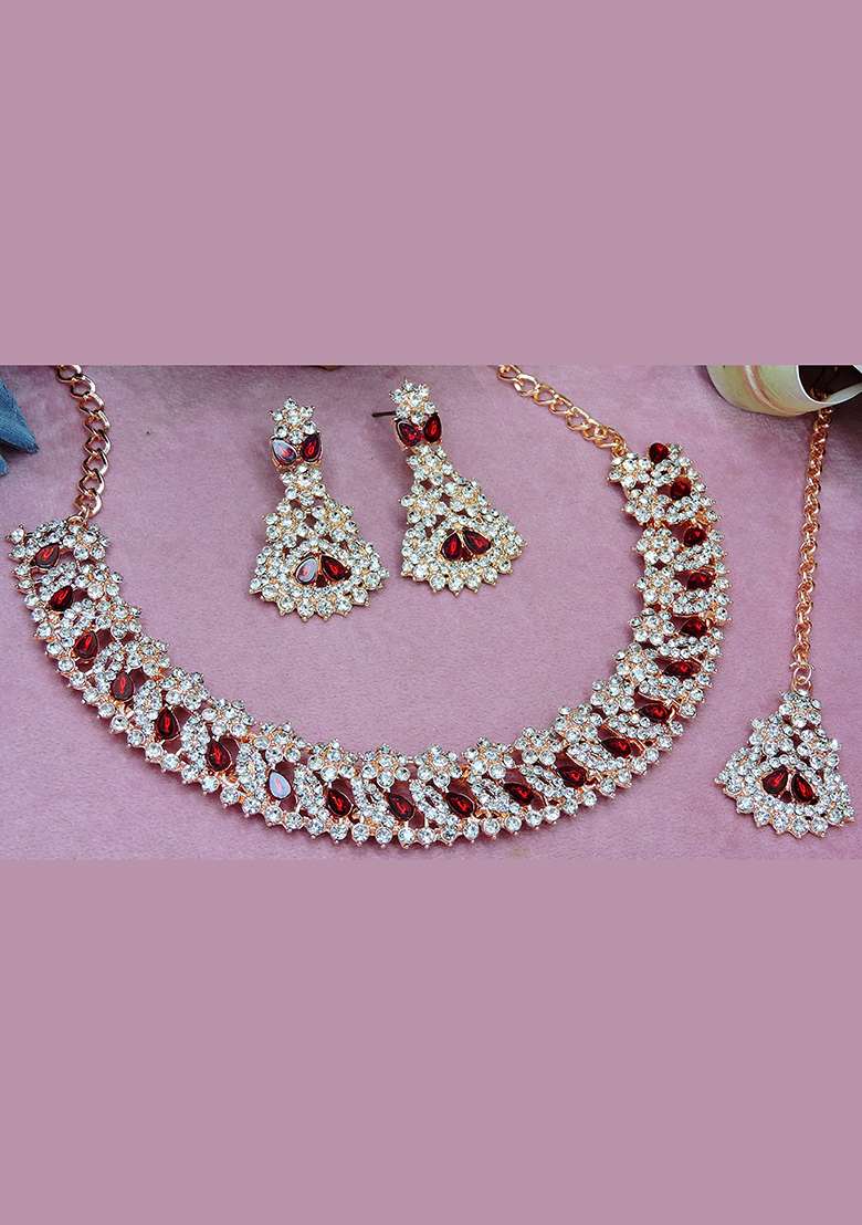 Maroon Alloy American Diamonds and Stone Necklace Set - Indya