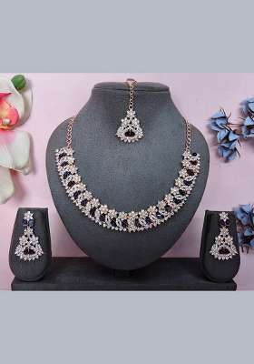 Blue Alloy American Diamonds and Stone Necklace Set