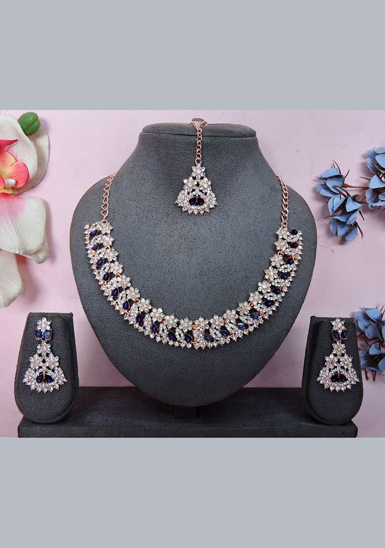 Blue Alloy American Diamonds and Stone Necklace Set - Indya