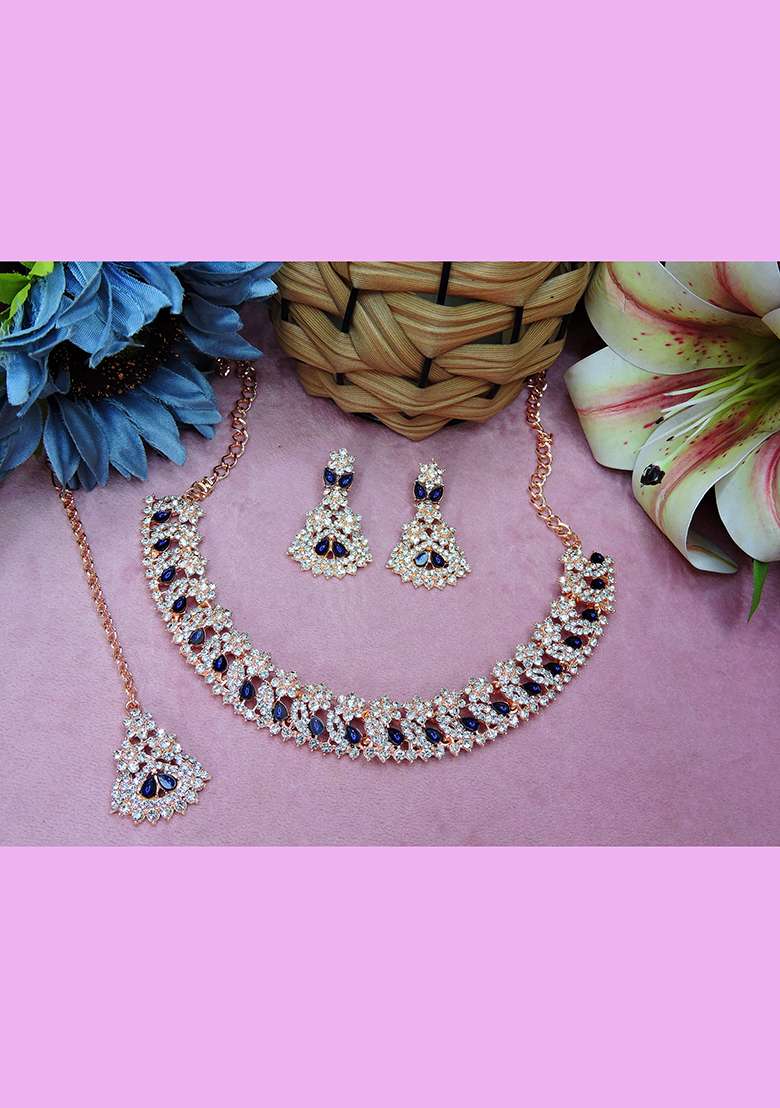 Blue Alloy American Diamonds and Stone Necklace Set - Indya