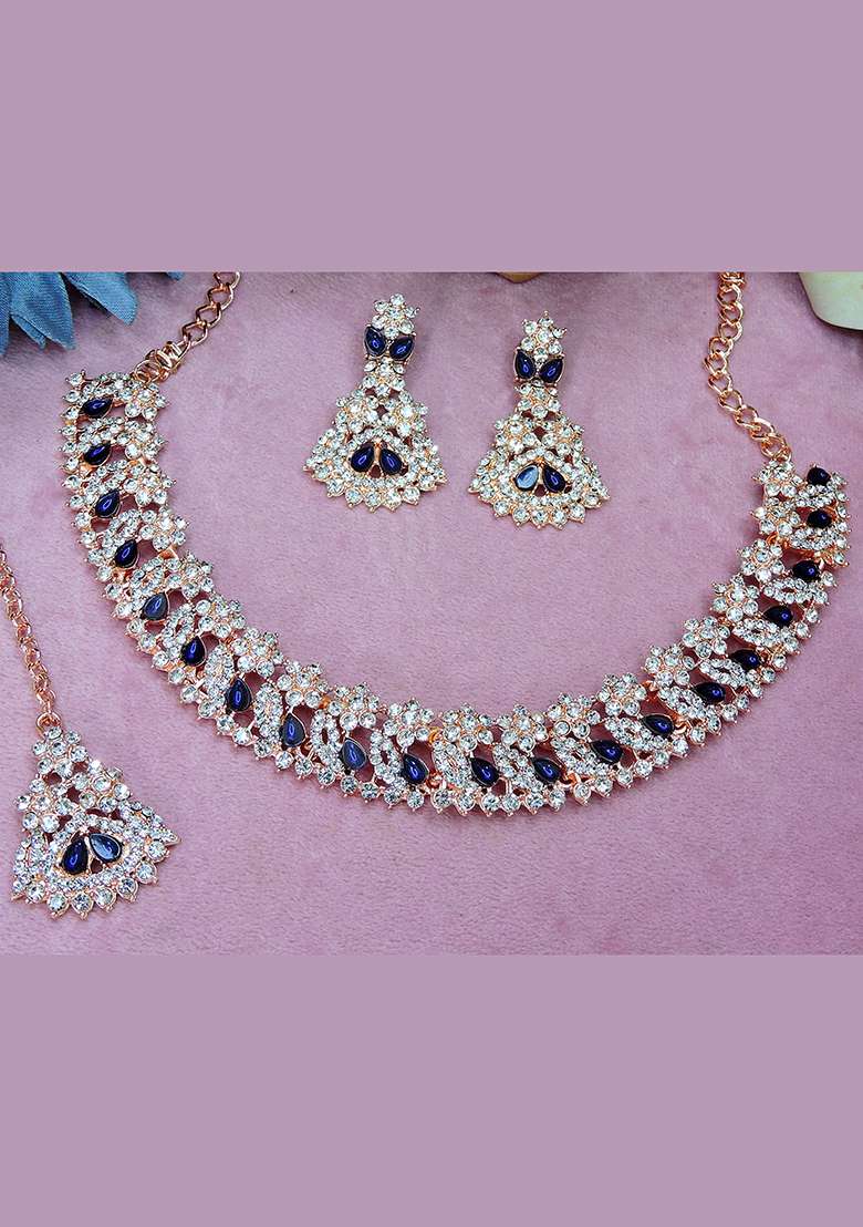 Blue Alloy American Diamonds and Stone Necklace Set - Indya