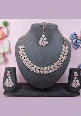 Pink Alloy American Diamonds and Stone Necklace Set