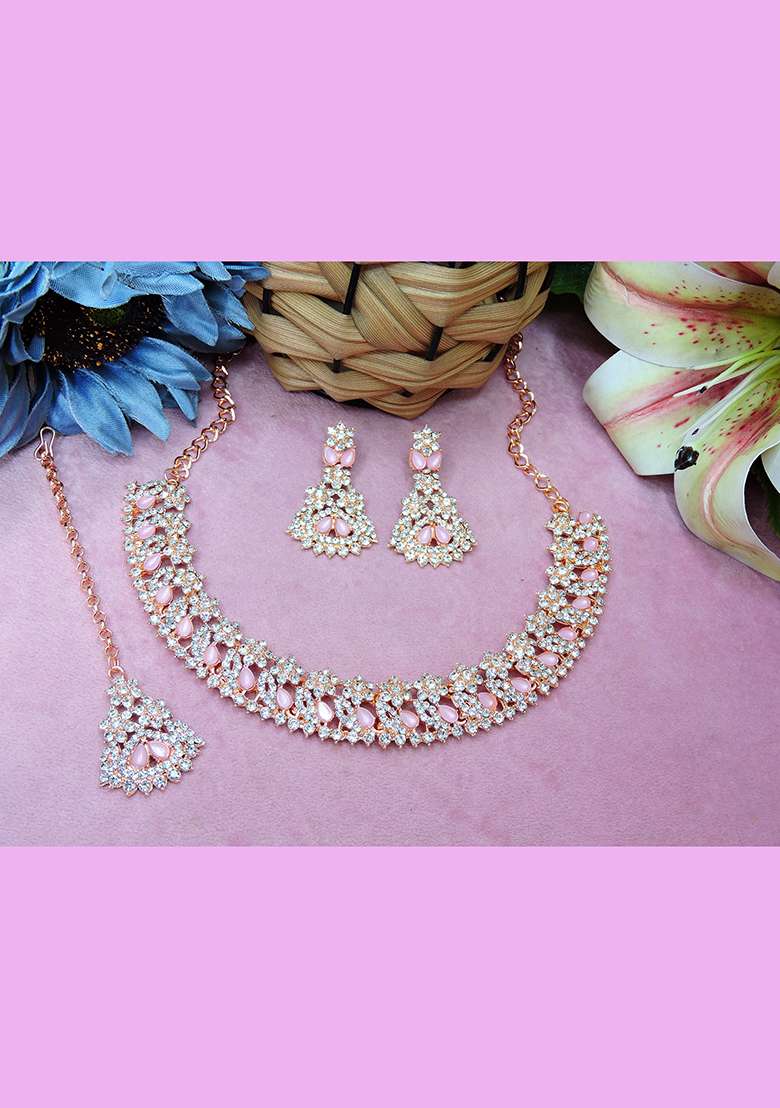 Pink Alloy American Diamonds and Stone Necklace Set - Indya