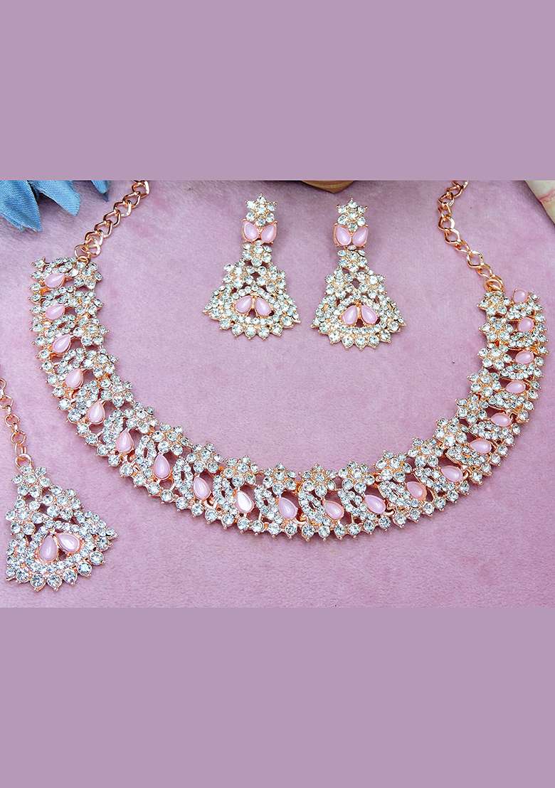 Pink Alloy American Diamonds and Stone Necklace Set - Indya