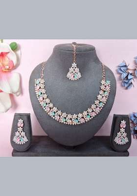 Green Alloy American Diamonds and Stone Necklace Set