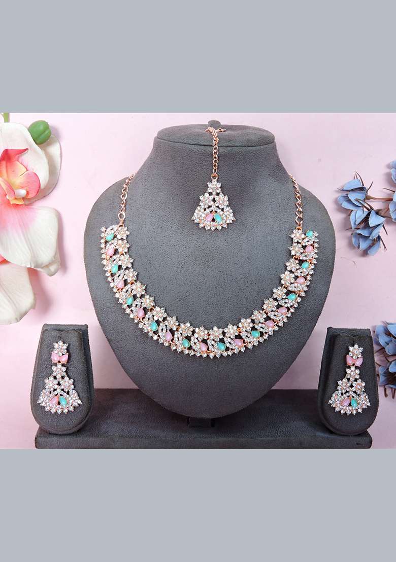 Green Alloy American Diamonds and Stone Necklace Set - Indya