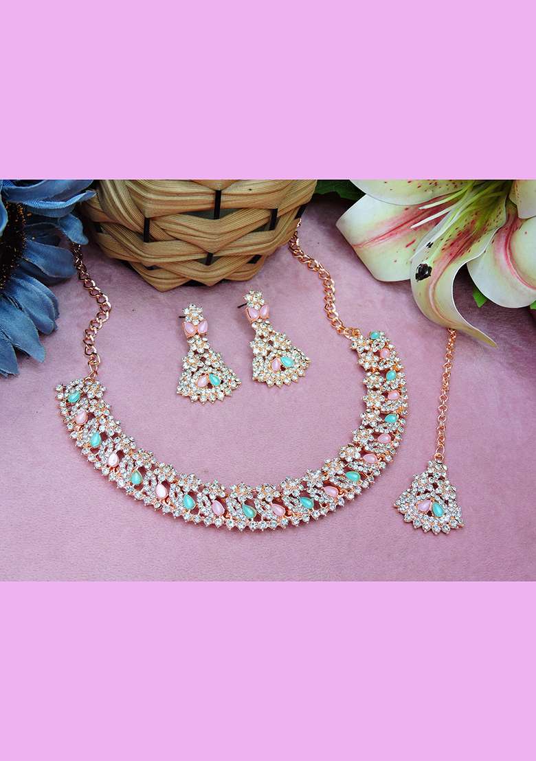 Green Alloy American Diamonds and Stone Necklace Set - Indya