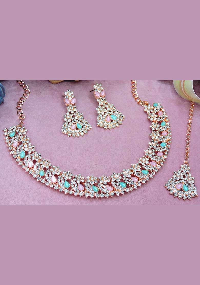 Green Alloy American Diamonds and Stone Necklace Set - Indya
