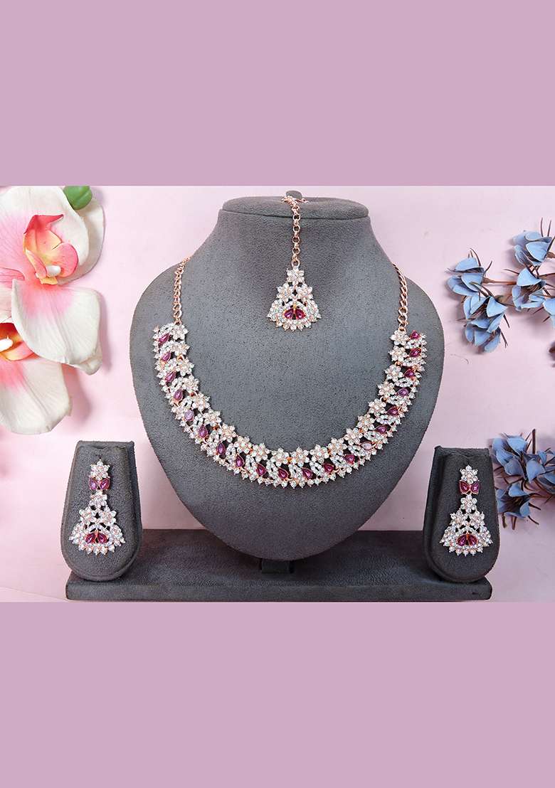 Pink Alloy American Diamonds and Stone Necklace Set - Indya