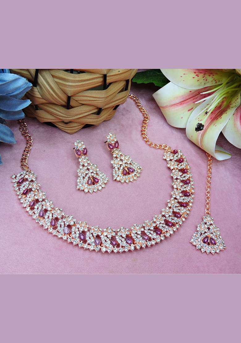 Pink Alloy American Diamonds and Stone Necklace Set - Indya