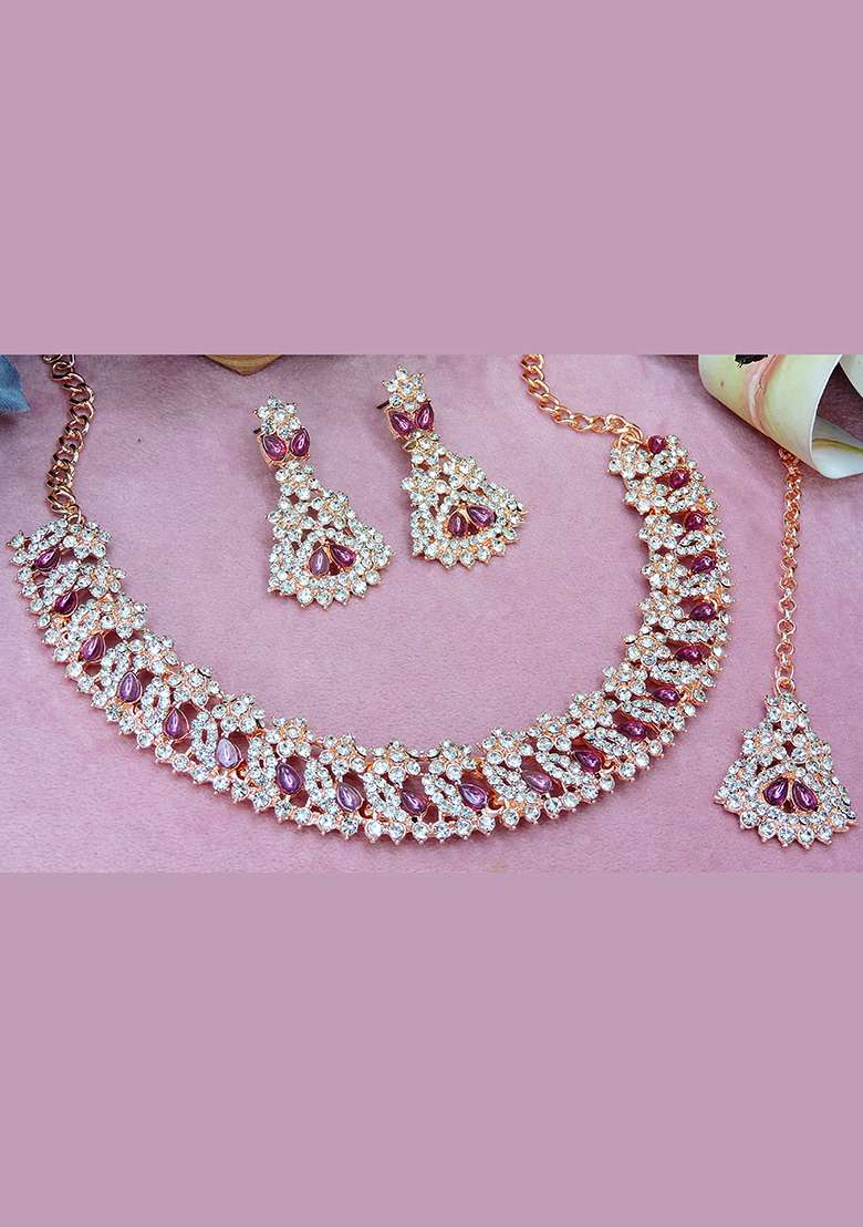 Pink Alloy American Diamonds and Stone Necklace Set - Indya