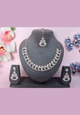 Green Alloy American Diamonds and Stone Necklace Set
