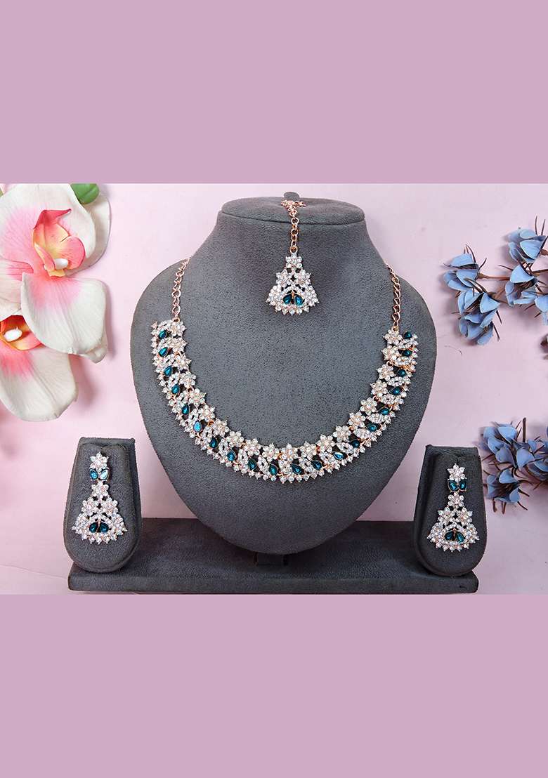 Green Alloy American Diamonds and Stone Necklace Set - Indya