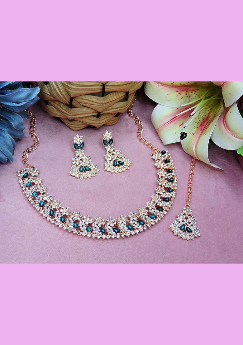 Green Alloy American Diamonds and Stone Necklace Set - Indya