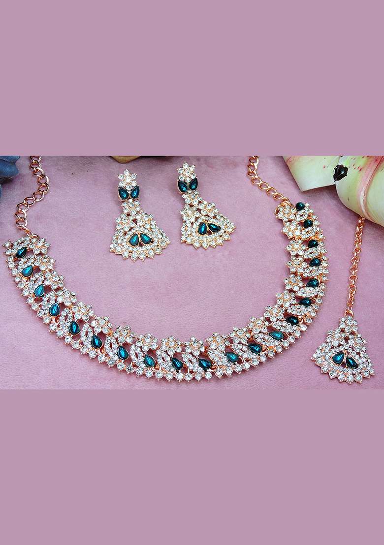 Green Alloy American Diamonds and Stone Necklace Set - Indya