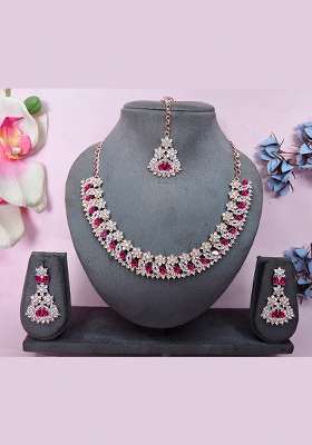 Pink Alloy American Diamonds and Stone Necklace Set