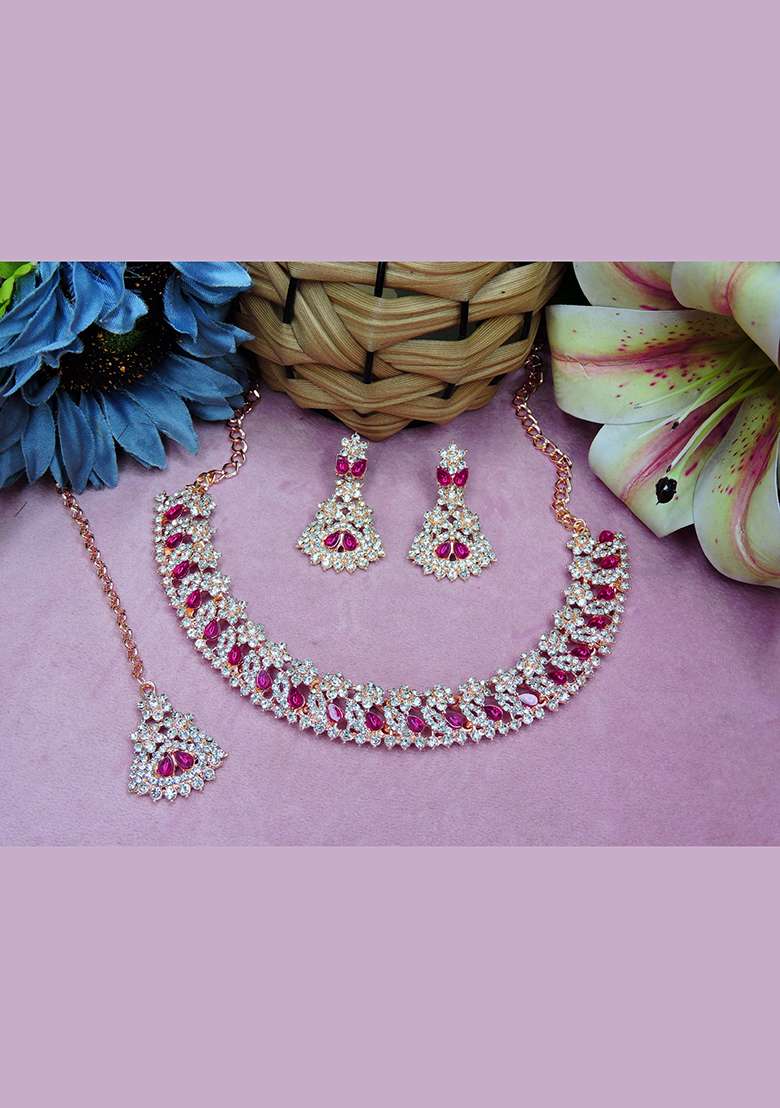 Pink Alloy American Diamonds and Stone Necklace Set - Indya