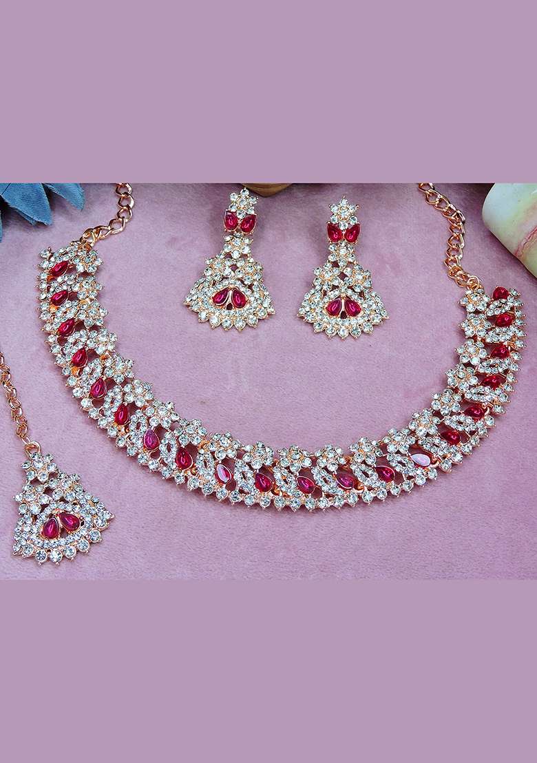 Pink Alloy American Diamonds and Stone Necklace Set - Indya