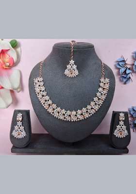 Pink Alloy American Diamonds and Stone Necklace Set