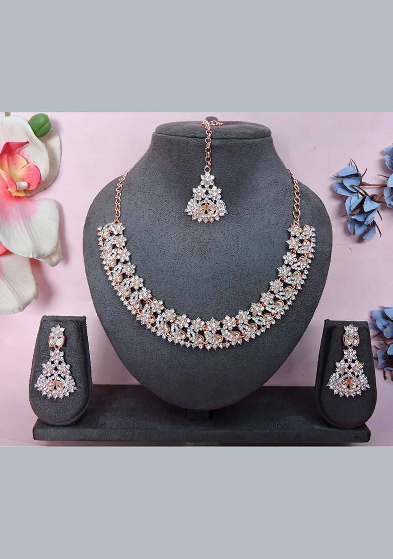 Pink Alloy American Diamonds and Stone Necklace Set - Indya