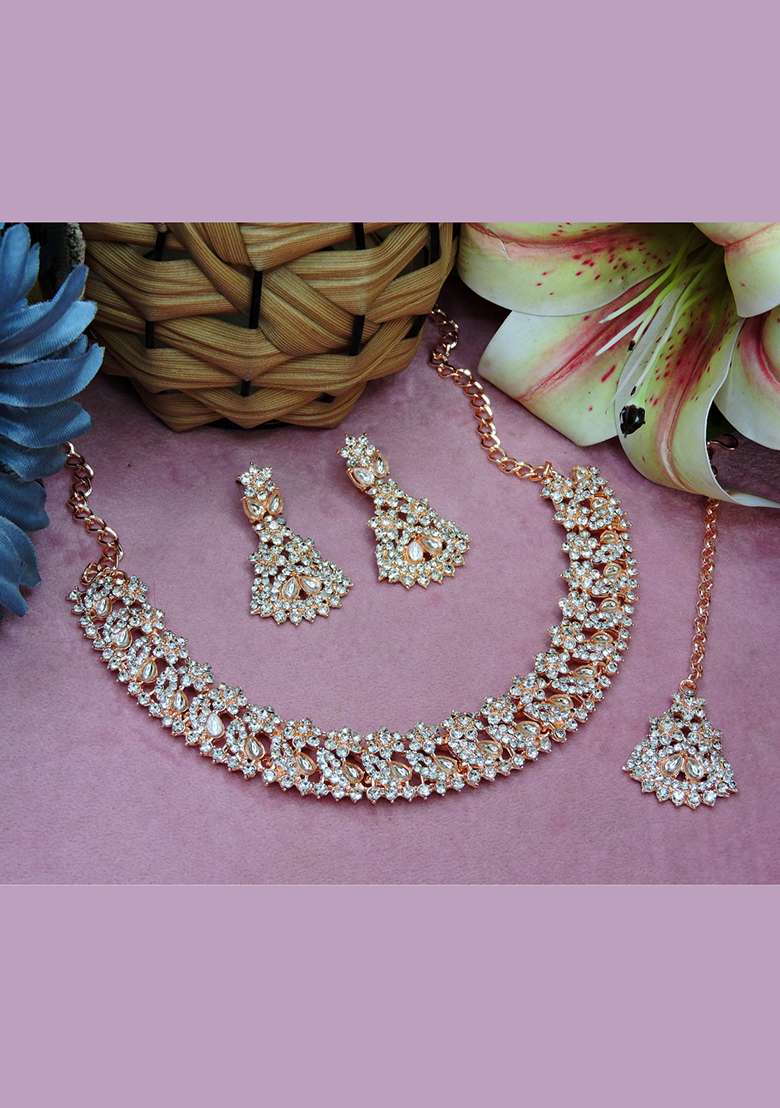 Pink Alloy American Diamonds and Stone Necklace Set - Indya