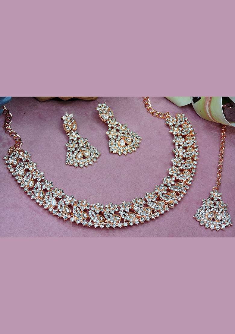 Pink Alloy American Diamonds and Stone Necklace Set - Indya
