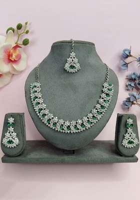 Green Alloy American Diamonds and Stone Necklace Set