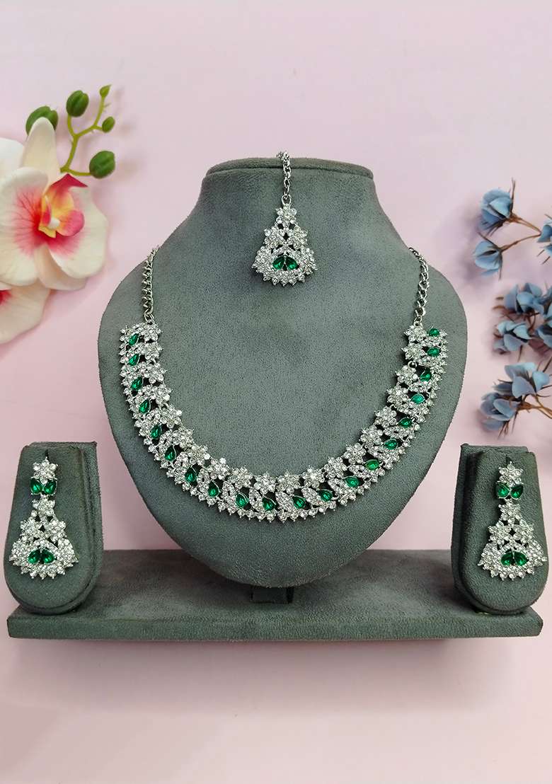 Green Alloy American Diamonds and Stone Necklace Set - Indya