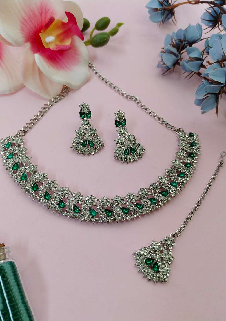 Green Alloy American Diamonds and Stone Necklace Set - Indya