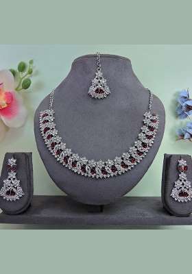Maroon Alloy American Diamonds and Stone Necklace Set