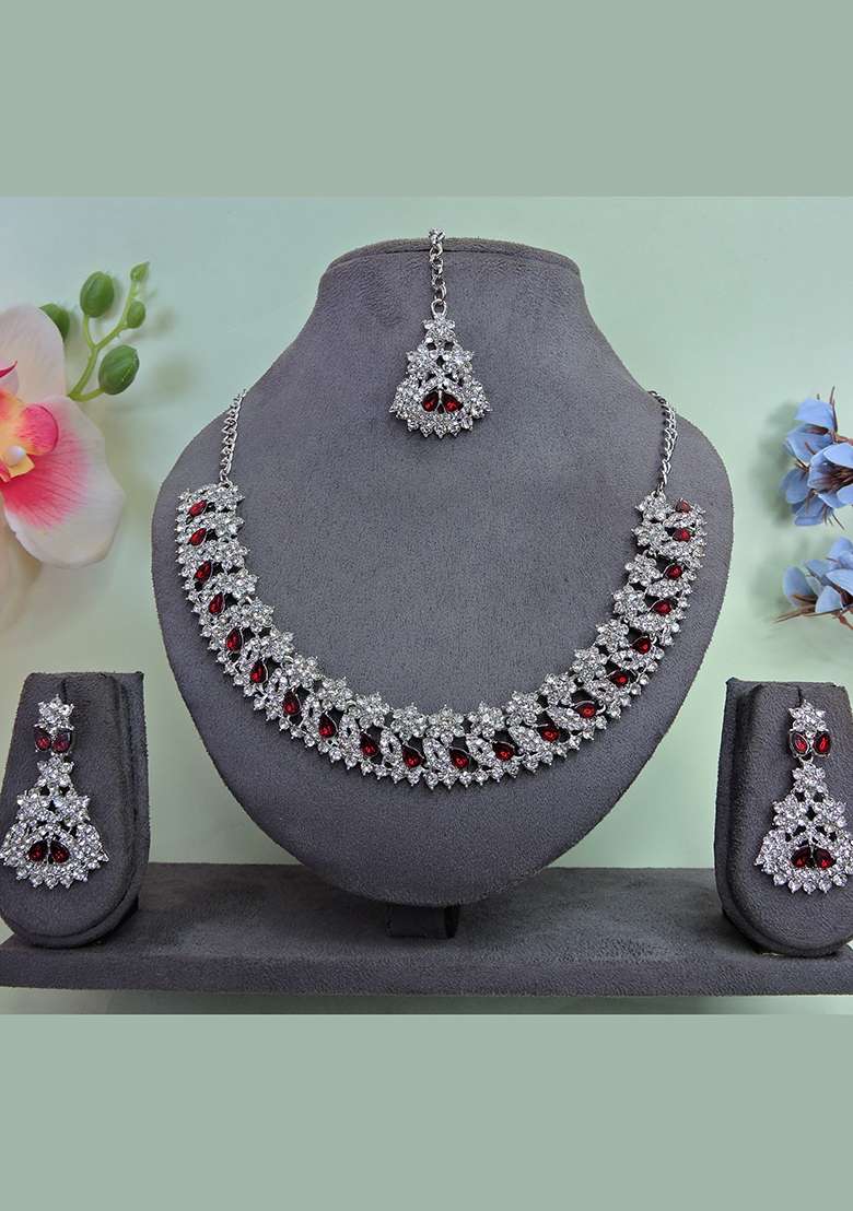 Maroon Alloy American Diamonds and Stone Necklace Set - Indya