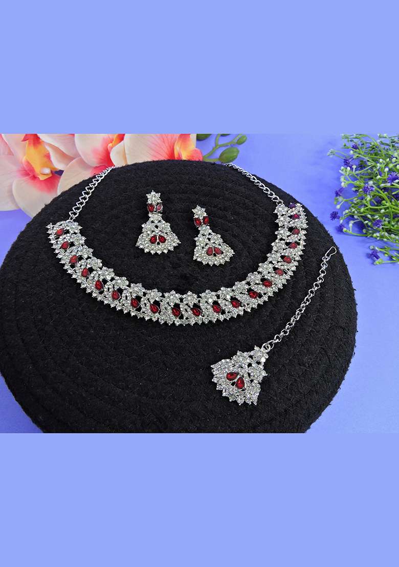 Maroon Alloy American Diamonds and Stone Necklace Set - Indya