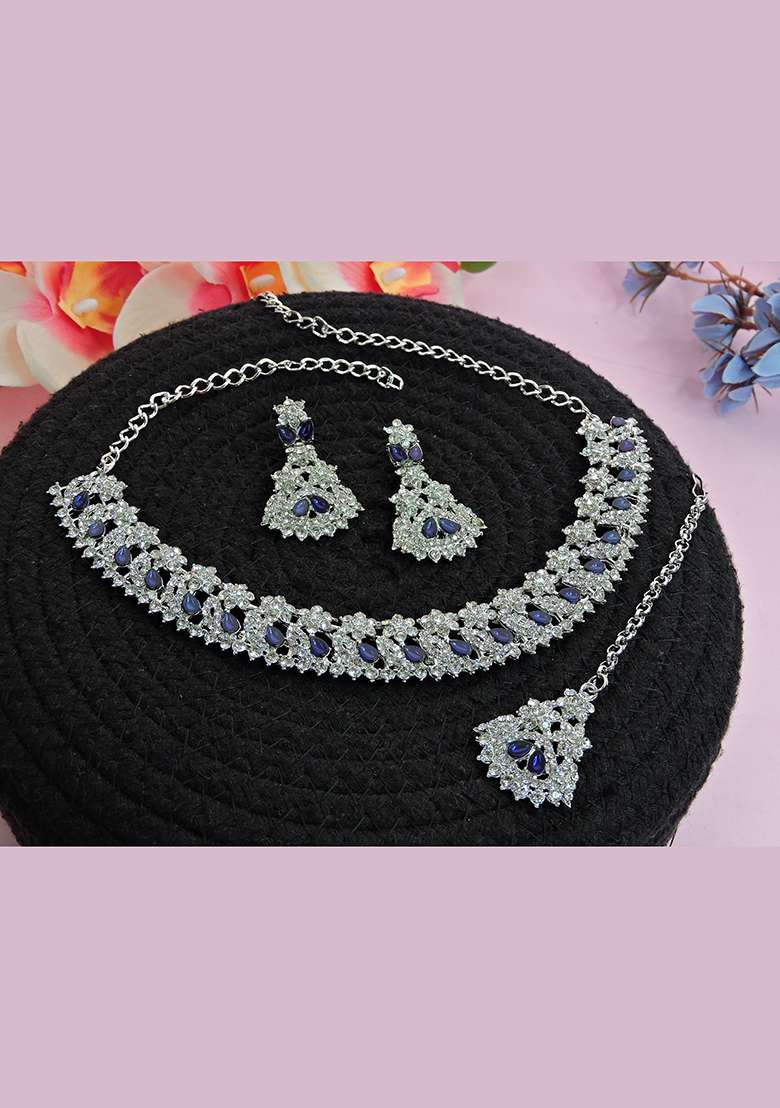 Blue Alloy American Diamonds and Stone Necklace Set - Indya