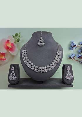 Pink Alloy American Diamonds and Stone Necklace Set