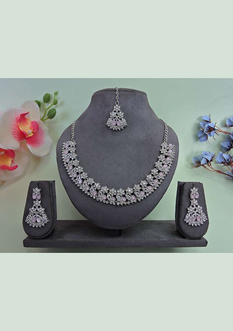 Pink Alloy American Diamonds and Stone Necklace Set - Indya