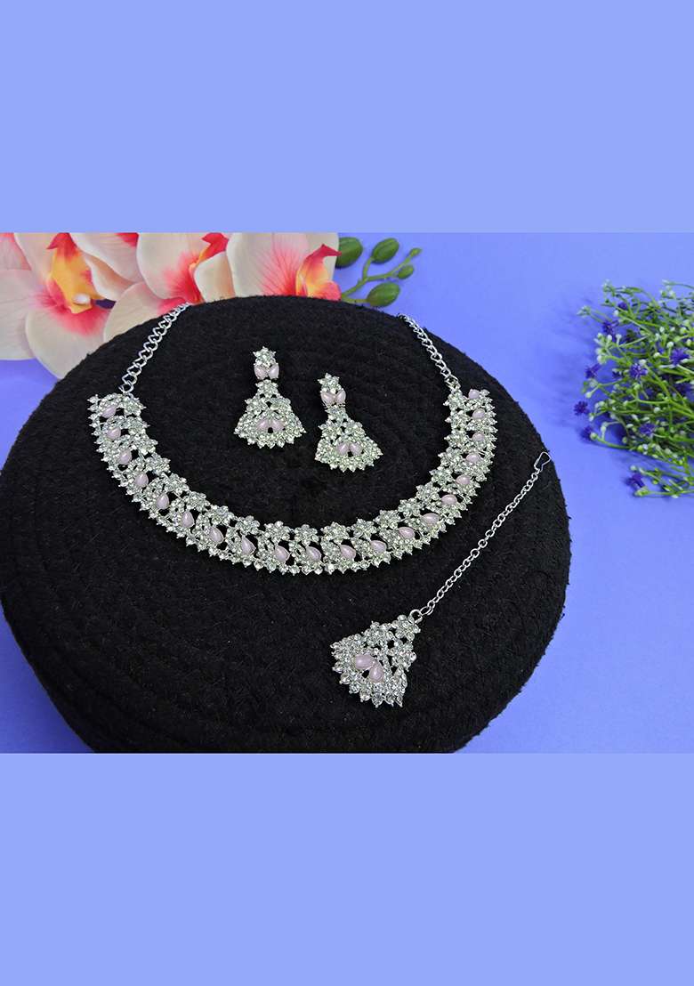 Pink Alloy American Diamonds and Stone Necklace Set - Indya