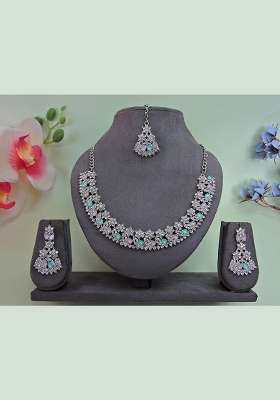 Green Alloy American Diamonds and Stone Necklace Set