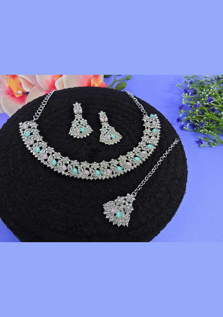 Green Alloy American Diamonds and Stone Necklace Set - Indya