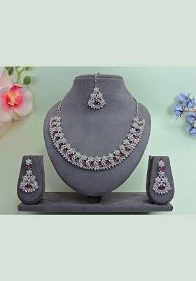 Purple Alloy American Diamonds and Stone Necklace Set