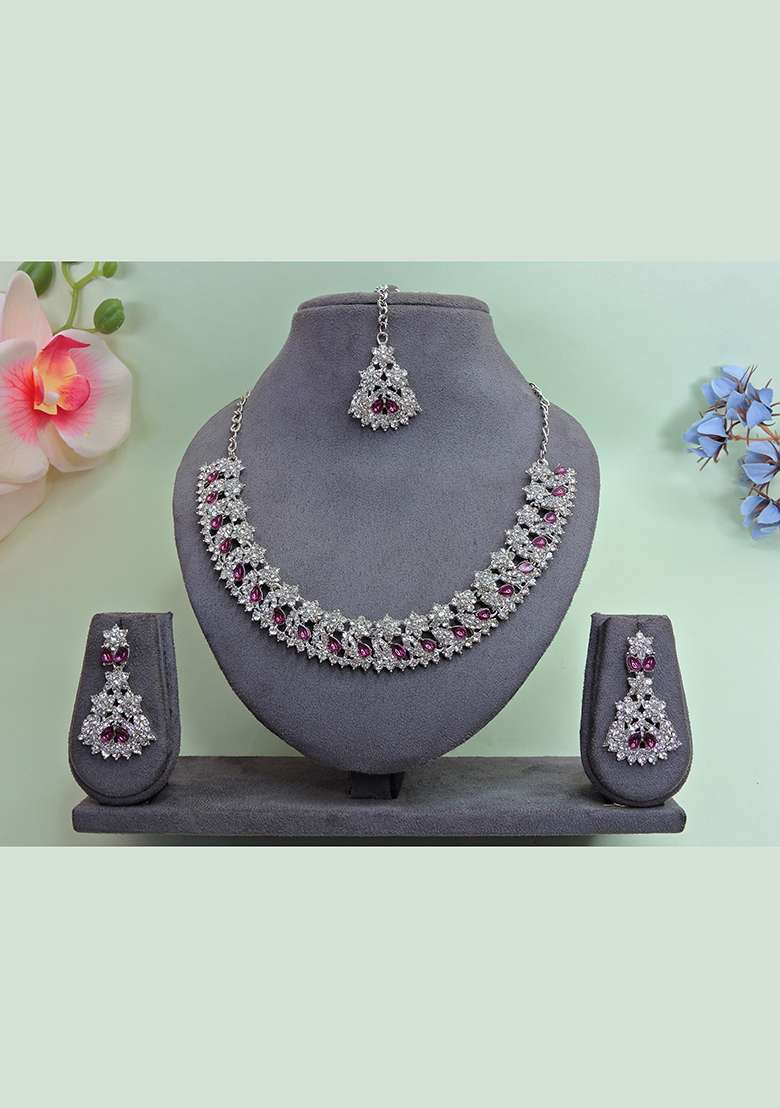 Purple Alloy American Diamonds and Stone Necklace Set - Indya