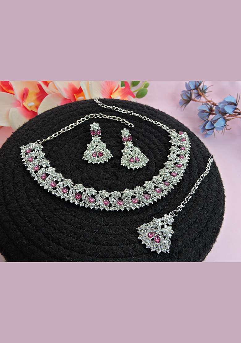Purple Alloy American Diamonds and Stone Necklace Set - Indya