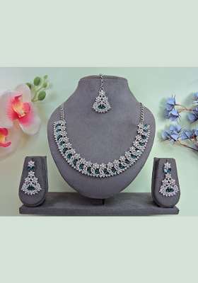 Green Alloy American Diamonds and Stone Necklace Set